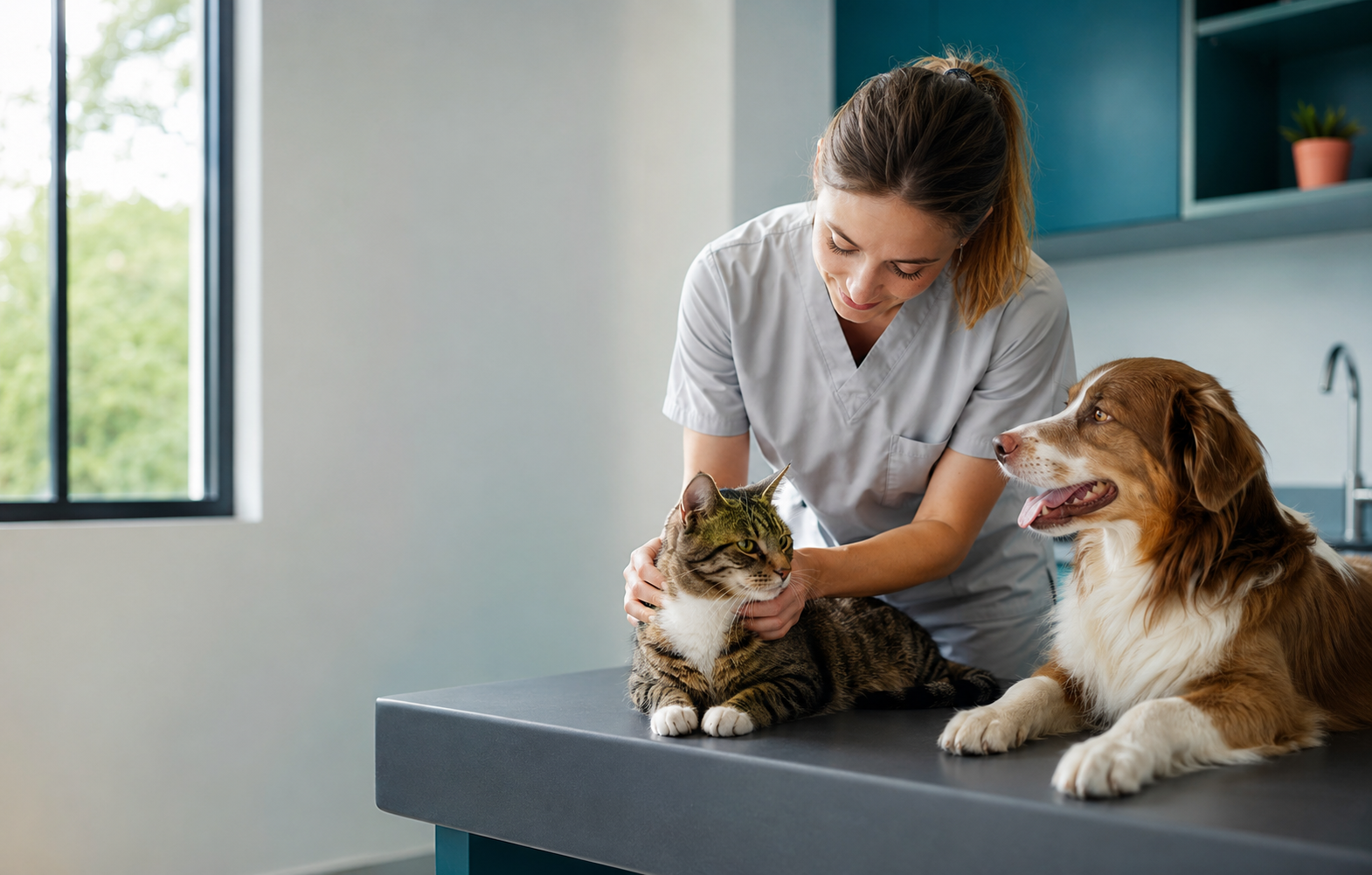 Veteriner hekim, muayene sırasında bir kedi ve köpekle ilgileniyor